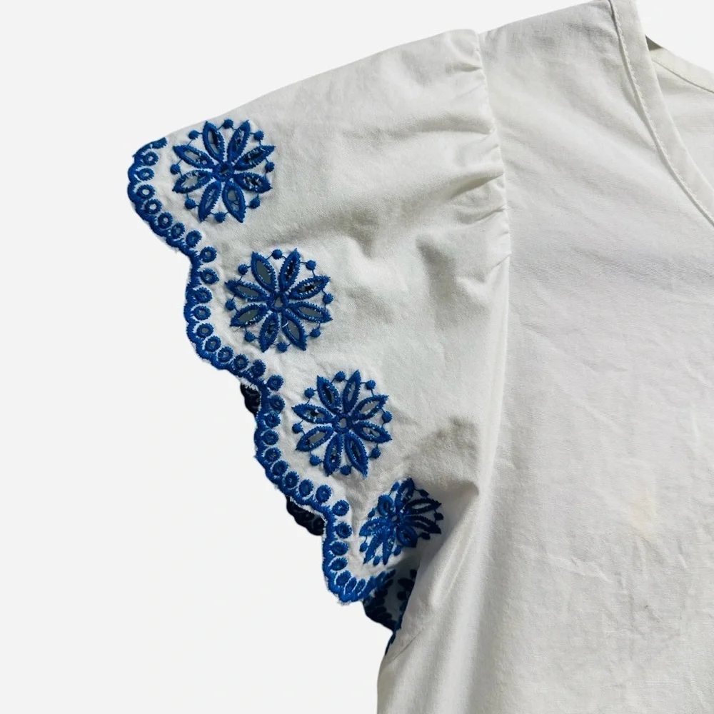J. Crew embroidered flutter sleeve top white with blue scalloped sleeves Small - Picture 7 of 12